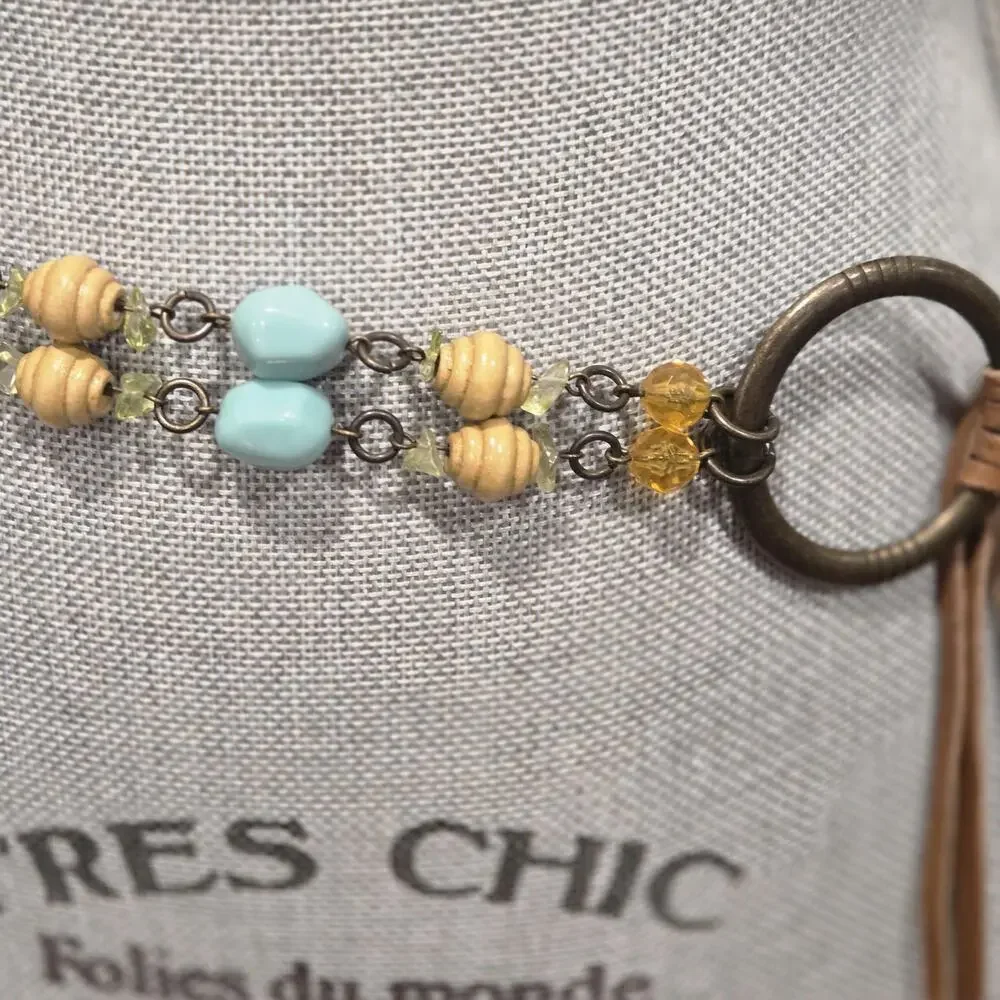 Boho Beaded Chain Belt Leather Fringe Turquoise Wood Beads Antique Gold Western